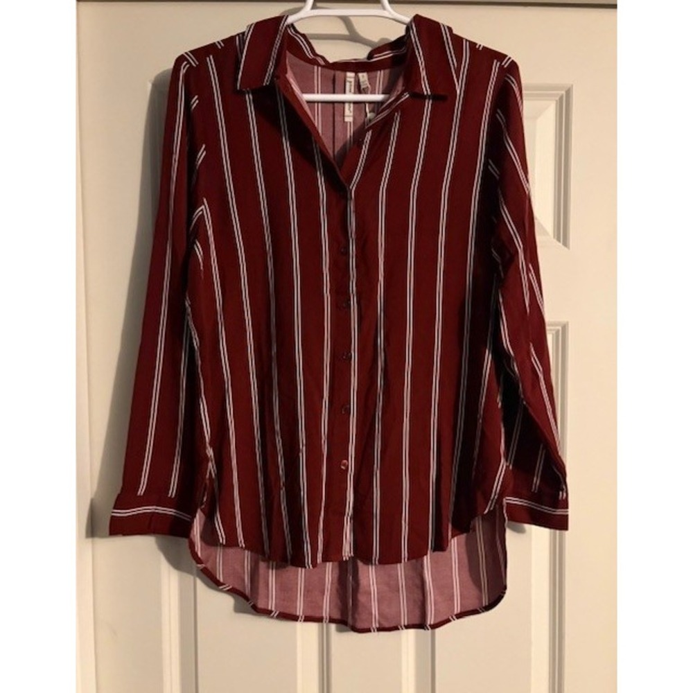Grand & Greene maroon and white striped button down blouse, size small, NWT